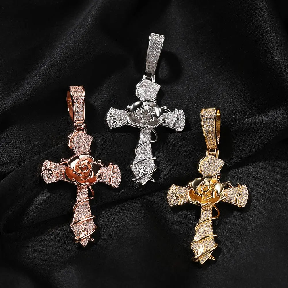 Hip-hop rose cross necklace with 5A zircon inlay - Blade & Thread