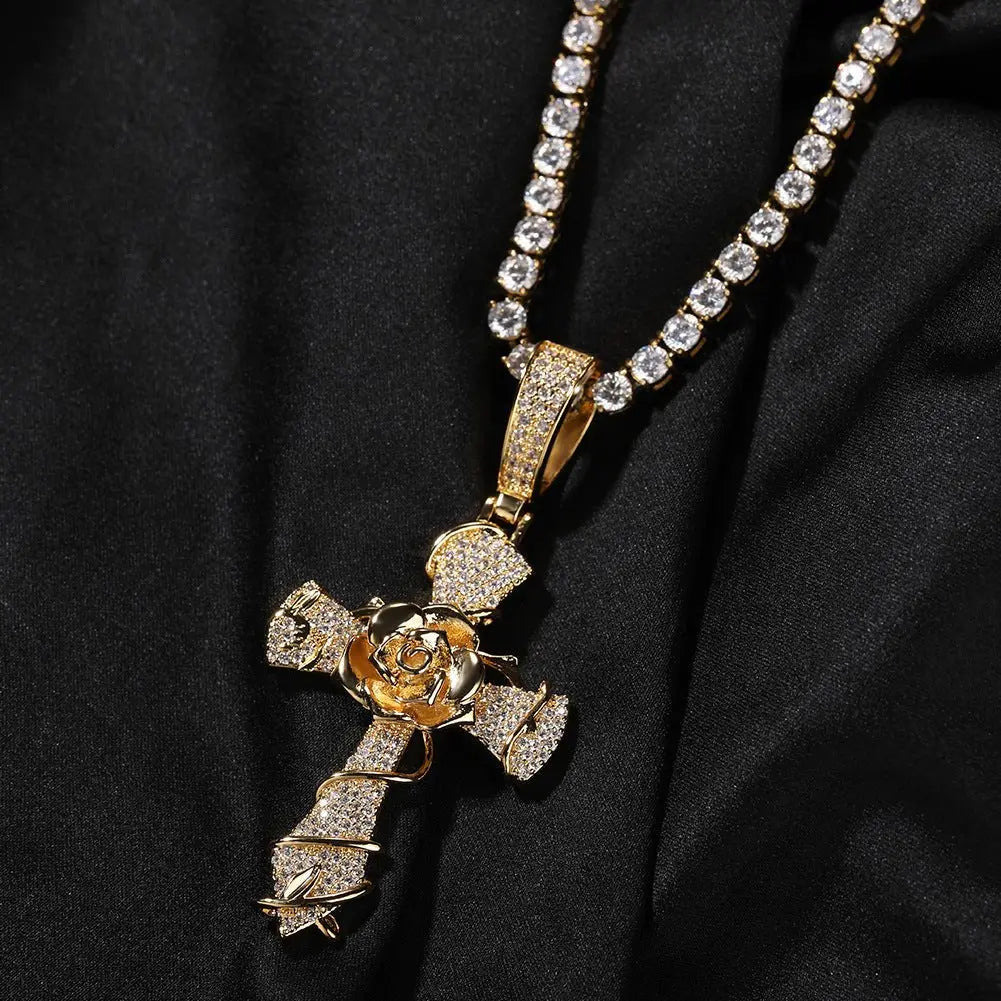 Hip-hop rose cross necklace with 5A zircon inlay - Blade & Thread