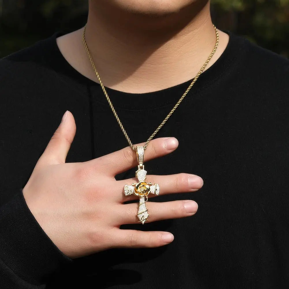 Hip-hop rose cross necklace with 5A zircon inlay - Blade & Thread