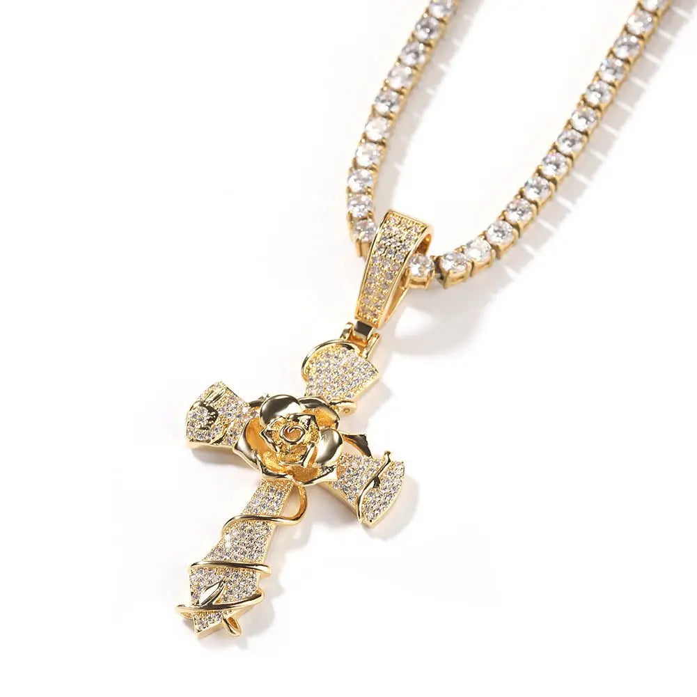 Hip-hop rose cross necklace with 5A zircon inlay - Blade & Thread