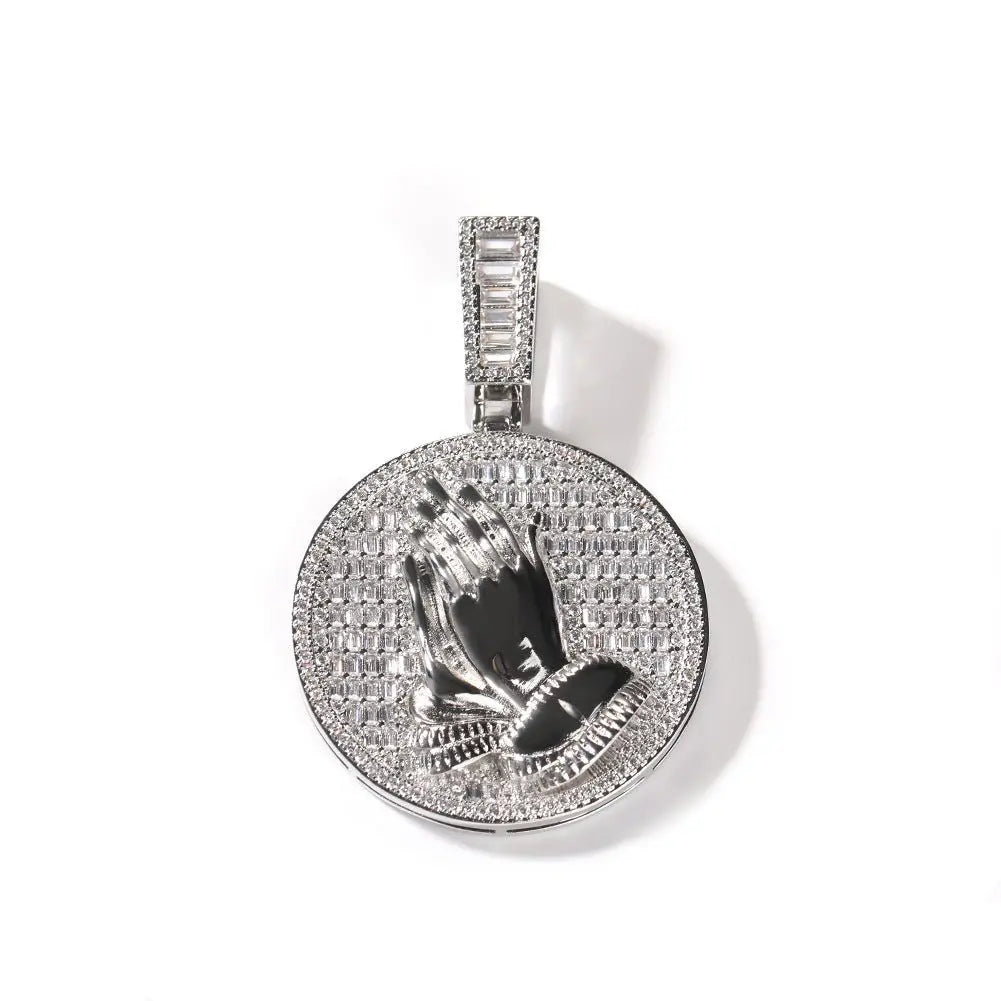 Hip-hop round disc zircon-encrusted praying hands pendant - Blade & Thread