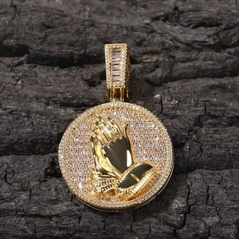 Hip-hop round disc zircon-encrusted praying hands pendant - Blade & Thread