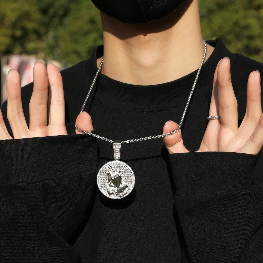 Hip-hop round disc zircon-encrusted praying hands pendant - Blade & Thread