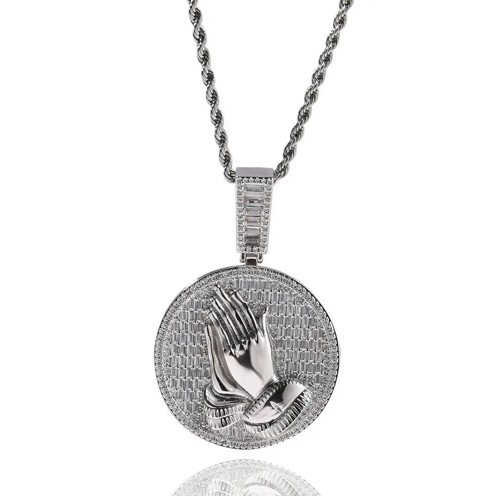 Hip-hop round disc zircon-encrusted praying hands pendant - Blade & Thread