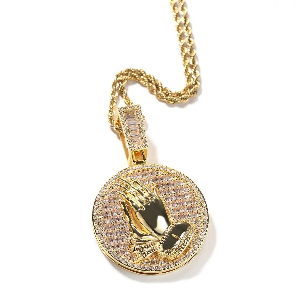 Hip-hop round disc zircon-encrusted praying hands pendant nowadaysfashion