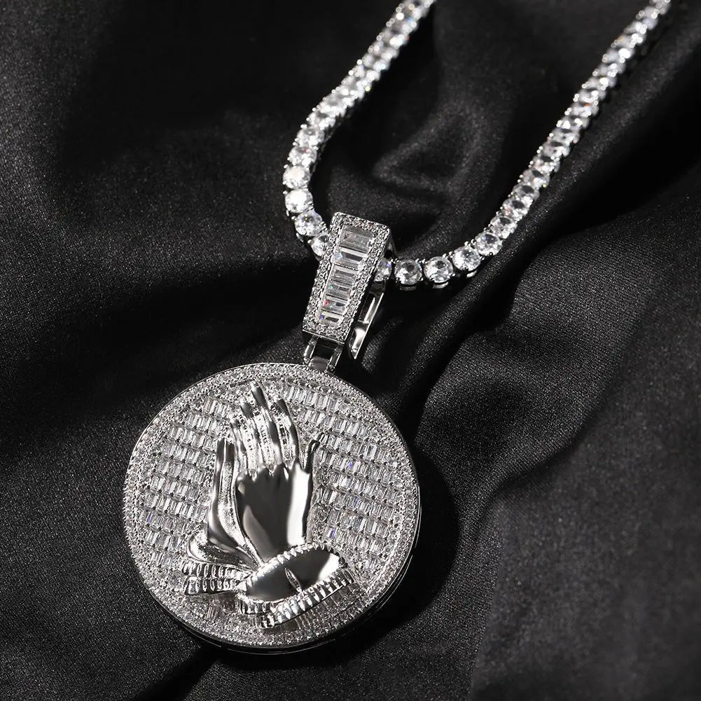 Hip-hop round disc zircon-encrusted praying hands pendant - Blade & Thread