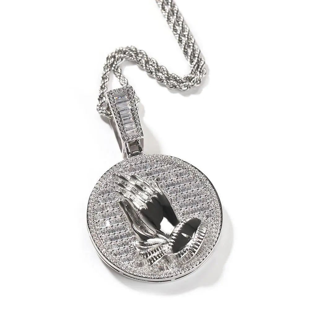Hip-hop round disc zircon-encrusted praying hands pendant - Blade & Thread