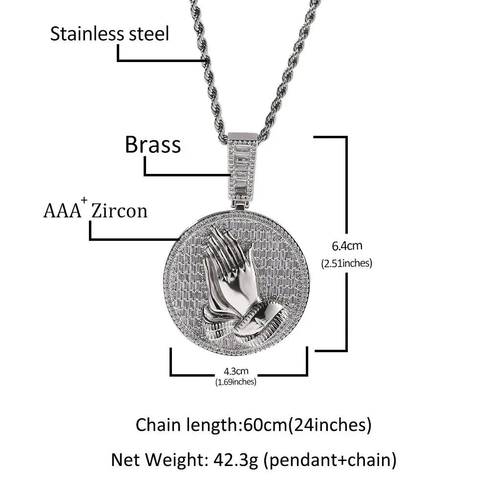 Hip-hop round disc zircon-encrusted praying hands pendant - Blade & Thread