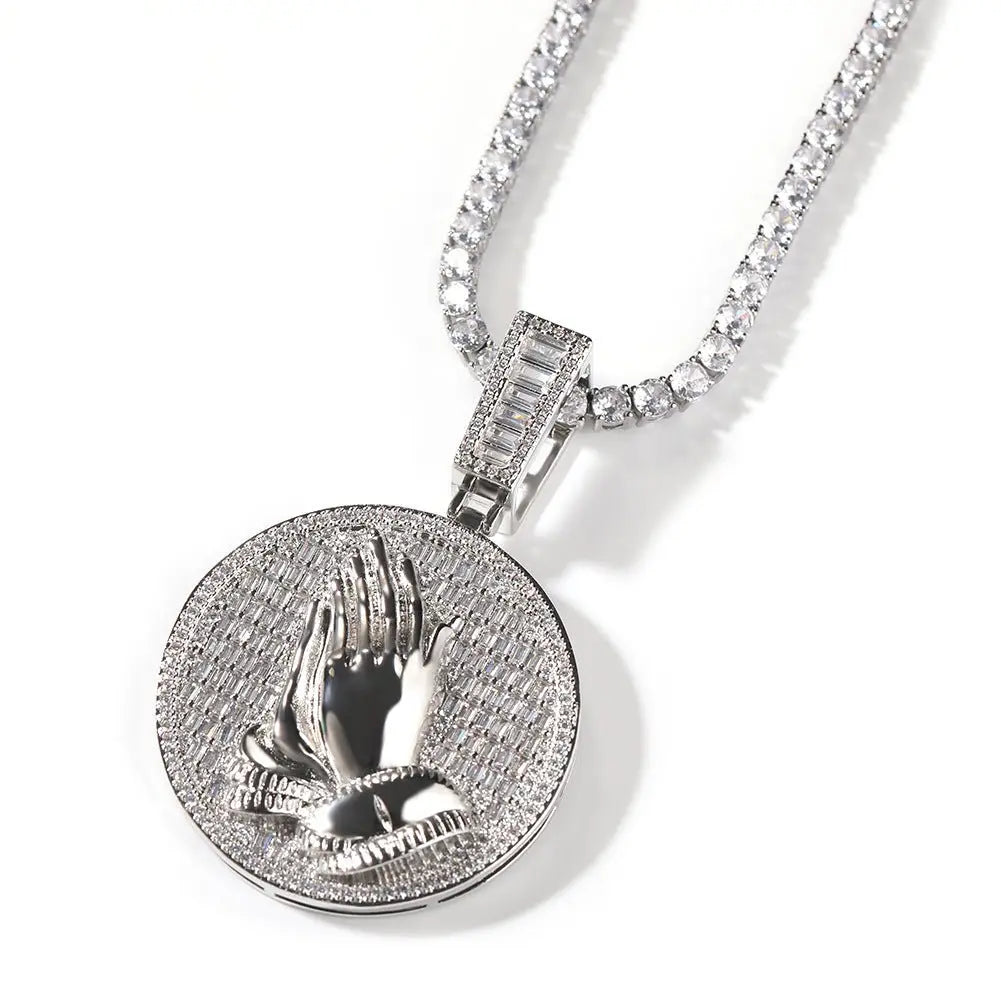 Hip-hop round disc zircon-encrusted praying hands pendant - Blade & Thread