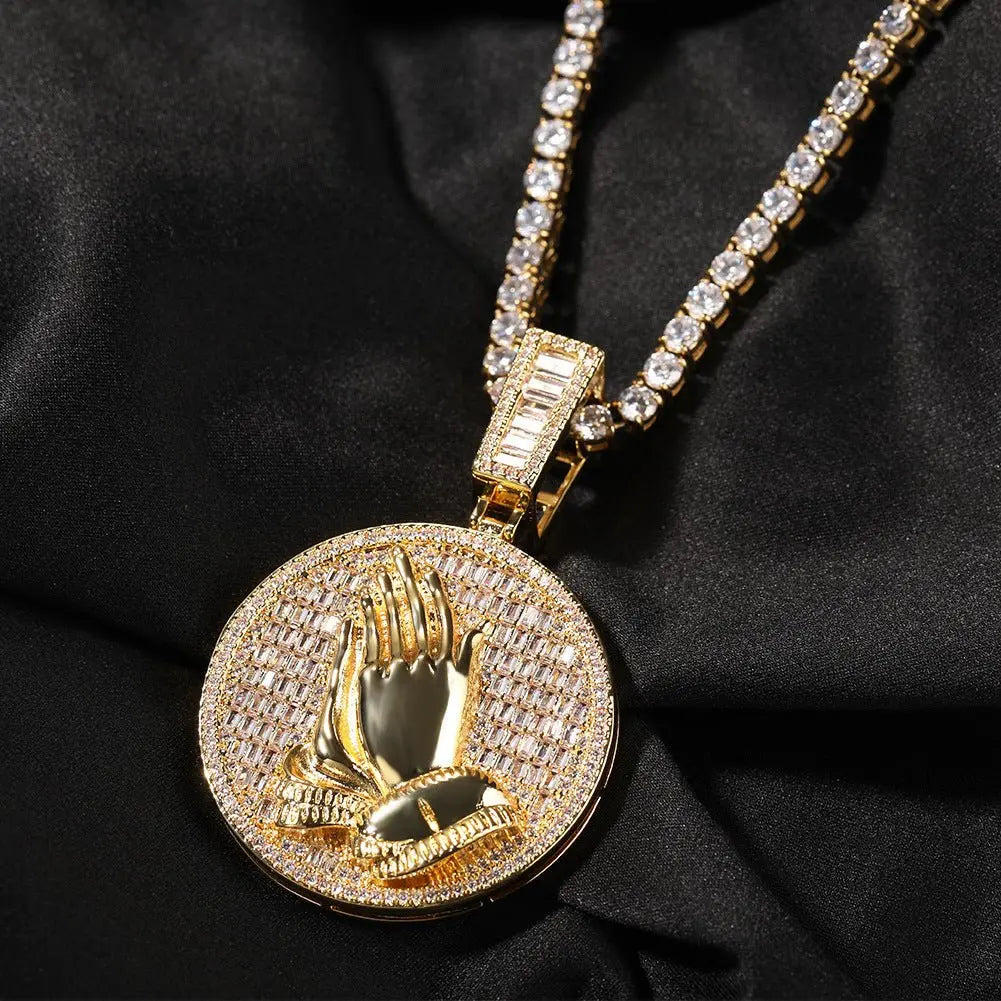 Hip-hop round disc zircon-encrusted praying hands pendant - Blade & Thread