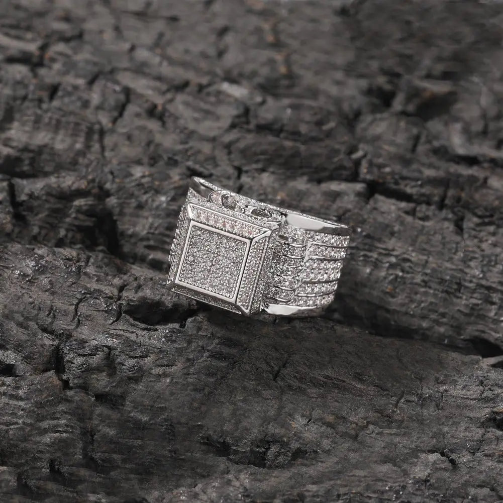 Hip-hop square diamond-encrusted couple ring nowadaysfashion