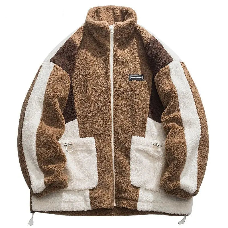 Hip Hop Streetwear Winter Color Block Patchwork Fuzzy Fluffy Thick Warm Coat - Blade & Thread