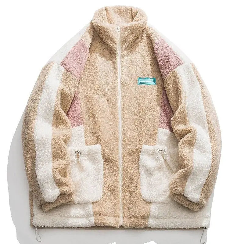 Hip Hop Streetwear Winter Color Block Patchwork Fuzzy Fluffy Thick Warm Coat - Blade & Thread