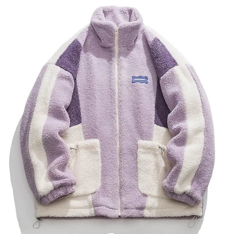 Hip Hop Streetwear Winter Color Block Patchwork Fuzzy Fluffy Thick Warm Coat nowadaysfashion