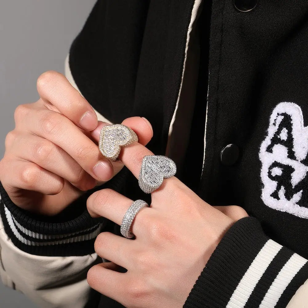 Hip-hop T-square heart-shaped zircon ring - Blade & Thread