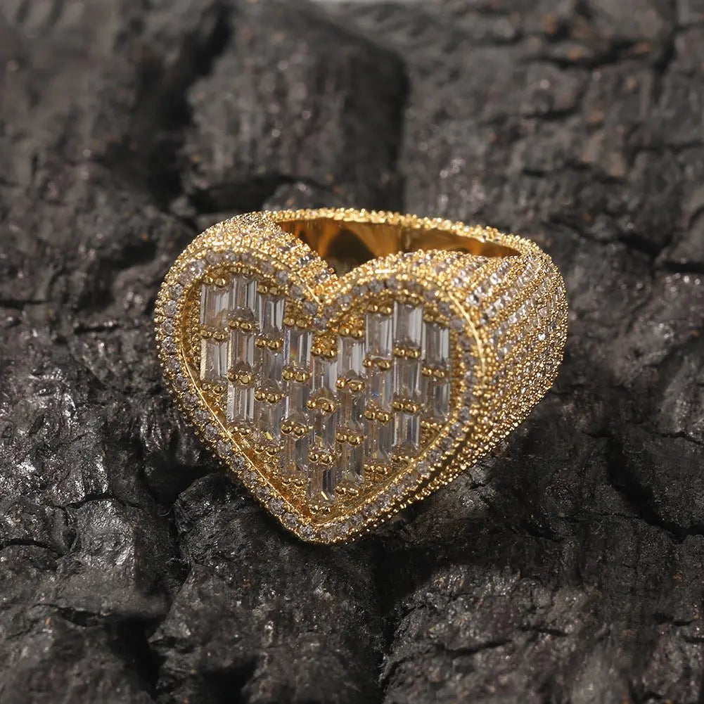 Hip-hop T-square heart-shaped zircon ring - Blade & Thread