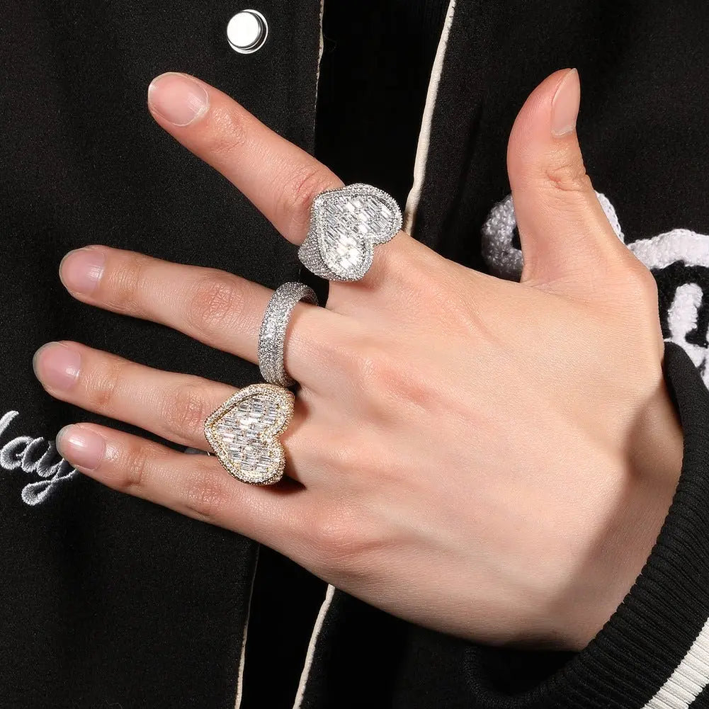 Hip-hop T-square heart-shaped zircon ring - Blade & Thread