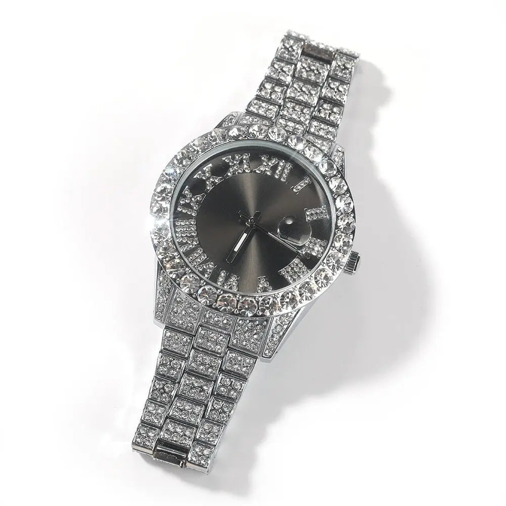 Hip-hop watch with Roman numerals and diamonds, large dial - Blade & Thread