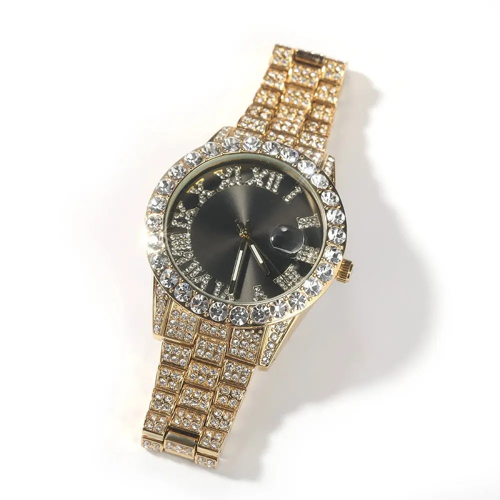 Hip-hop watch with Roman numerals and diamonds, large dial - Blade & Thread