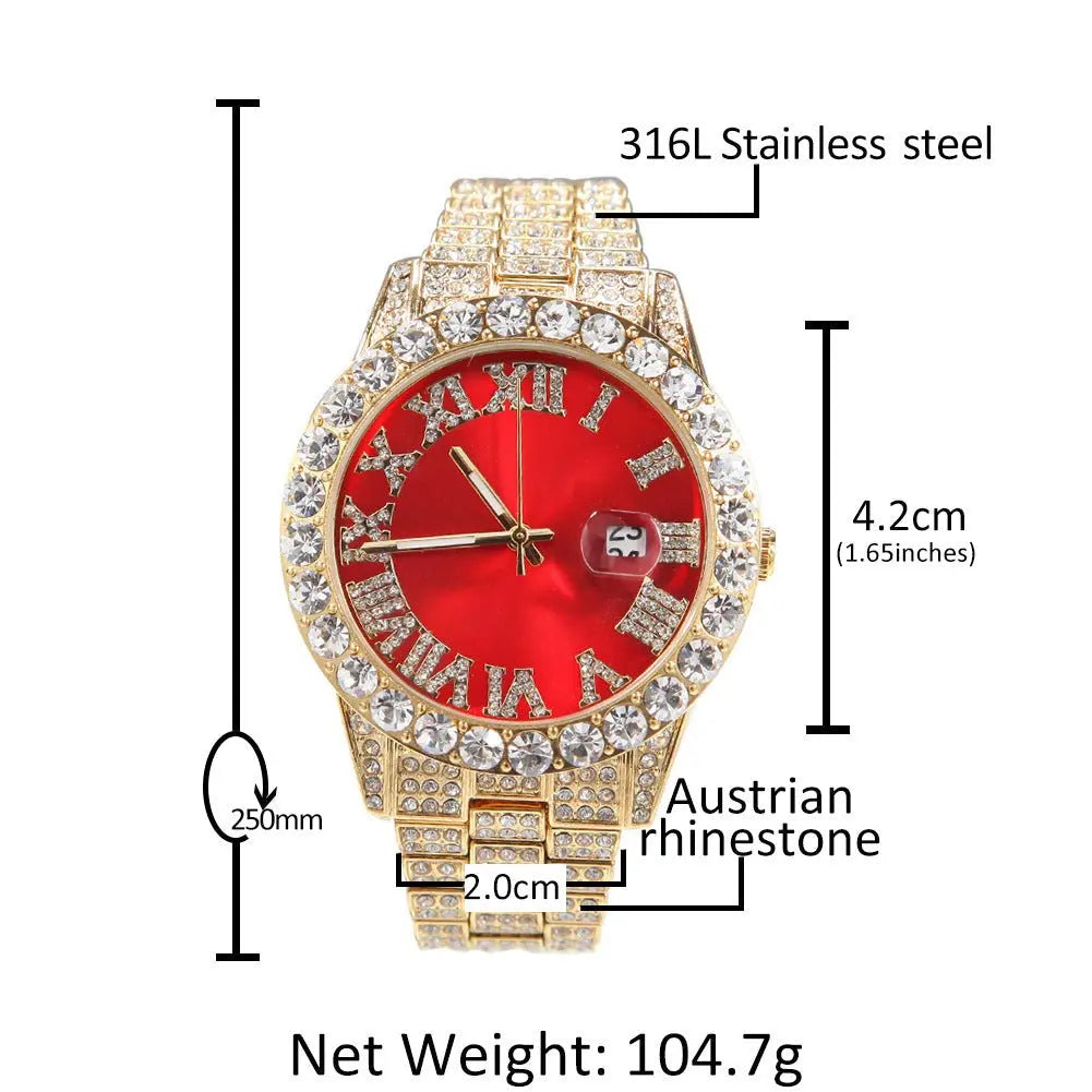 Hip-hop watch with Roman numerals and diamonds, large dial - Blade & Thread