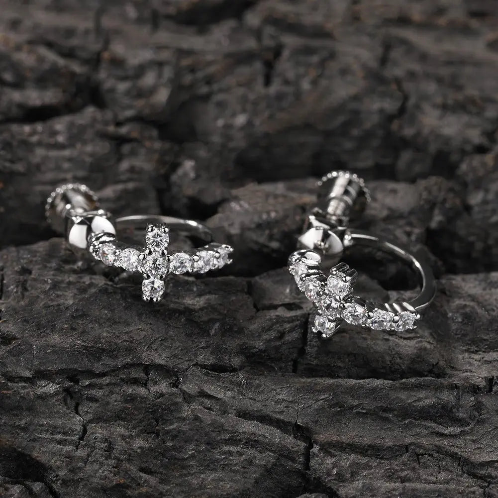 Hip Hop Zircon Black Spiral Clasp Cross Earrings nowadaysfashion