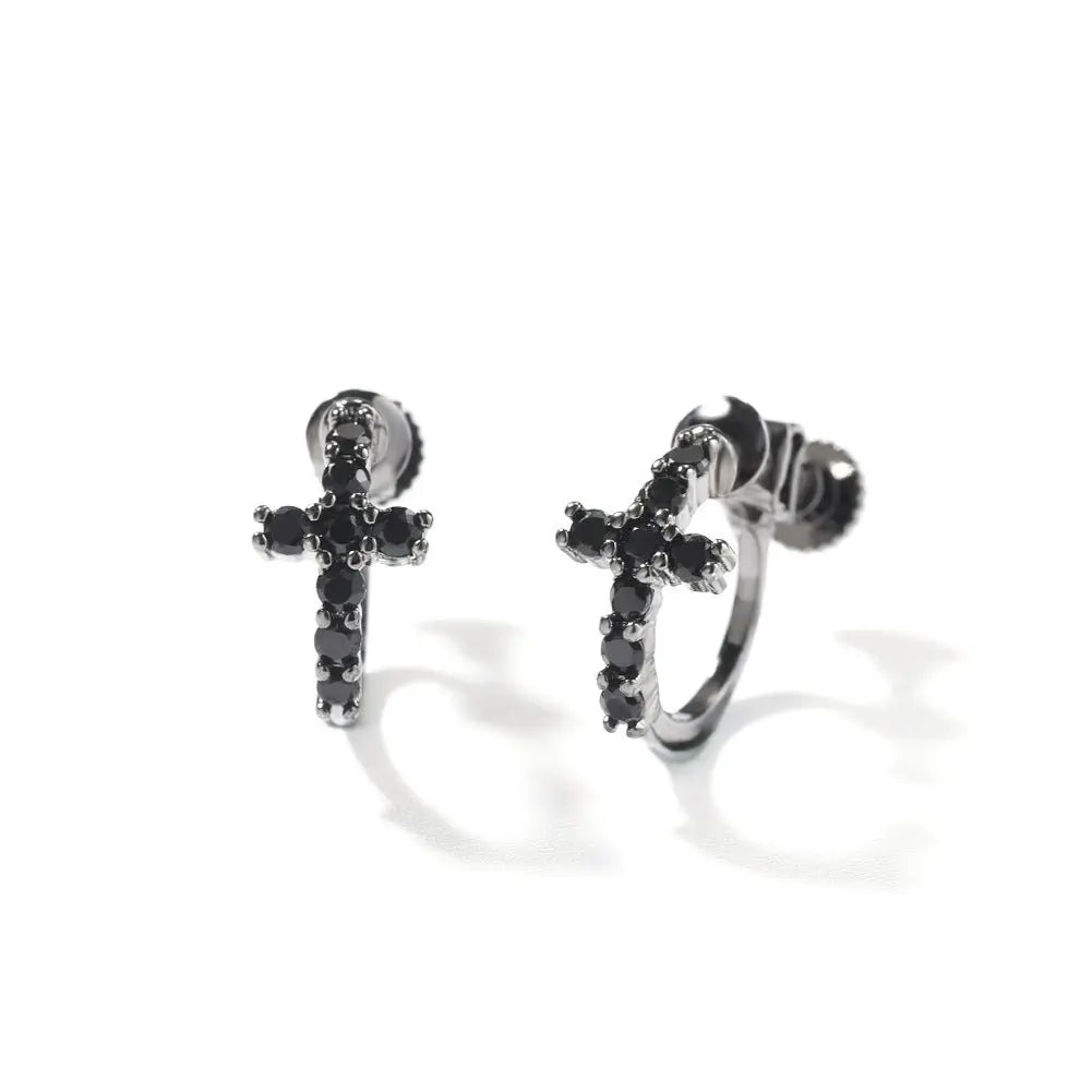 Hip Hop Zircon Black Spiral Clasp Cross Earrings - Blade & Thread