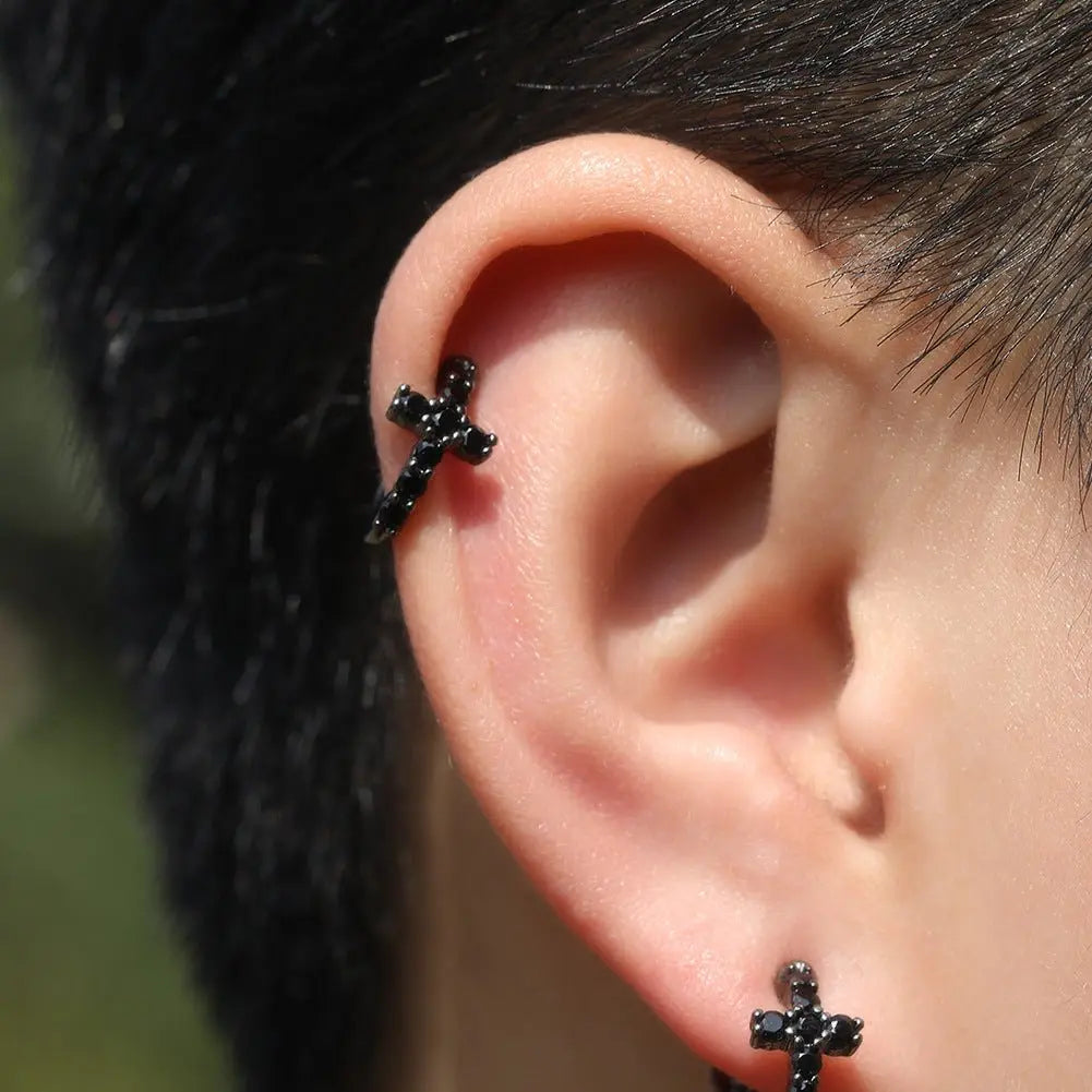 Hip Hop Zircon Black Spiral Clasp Cross Earrings - Blade & Thread