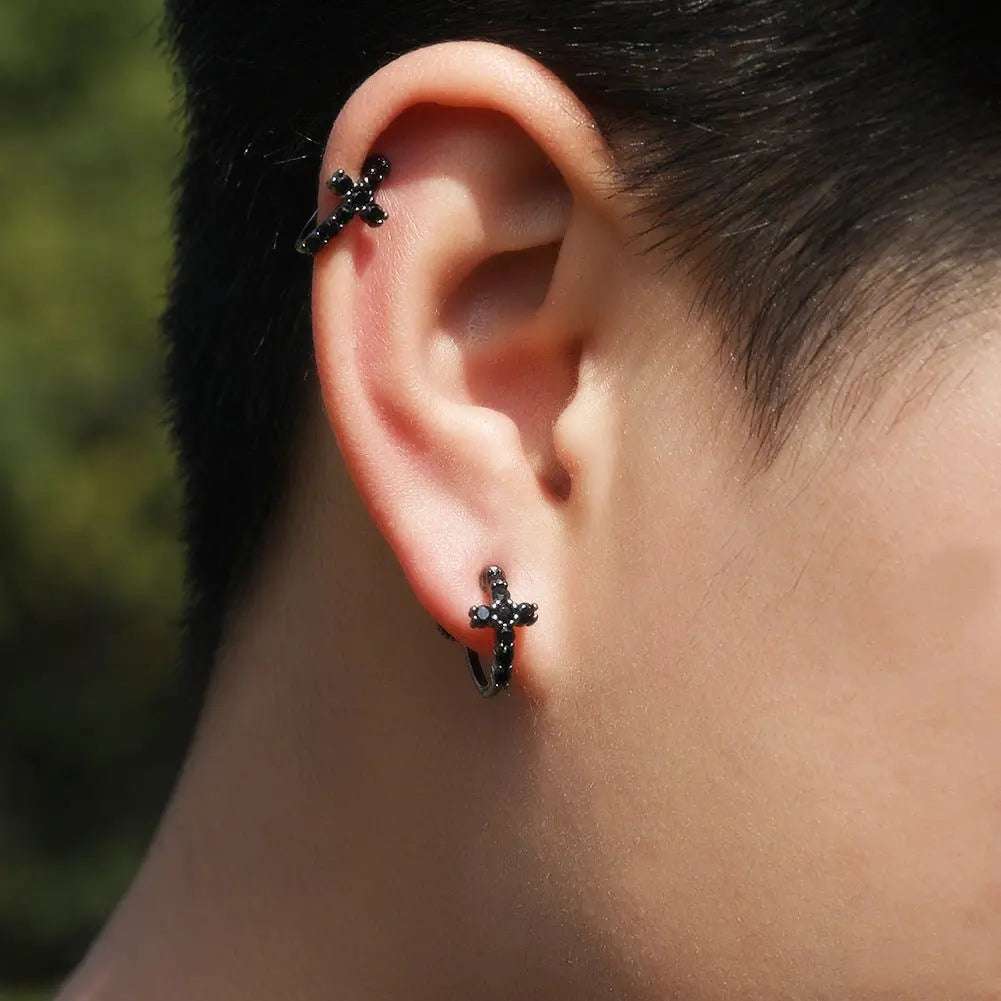 Hip Hop Zircon Black Spiral Clasp Cross Earrings - Blade & Thread