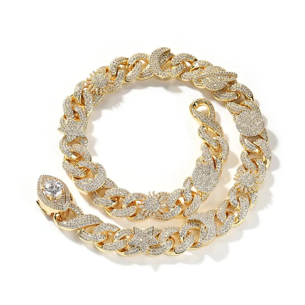 Hip-hop zircon-encrusted sun, star and eye necklace - Blade & Thread
