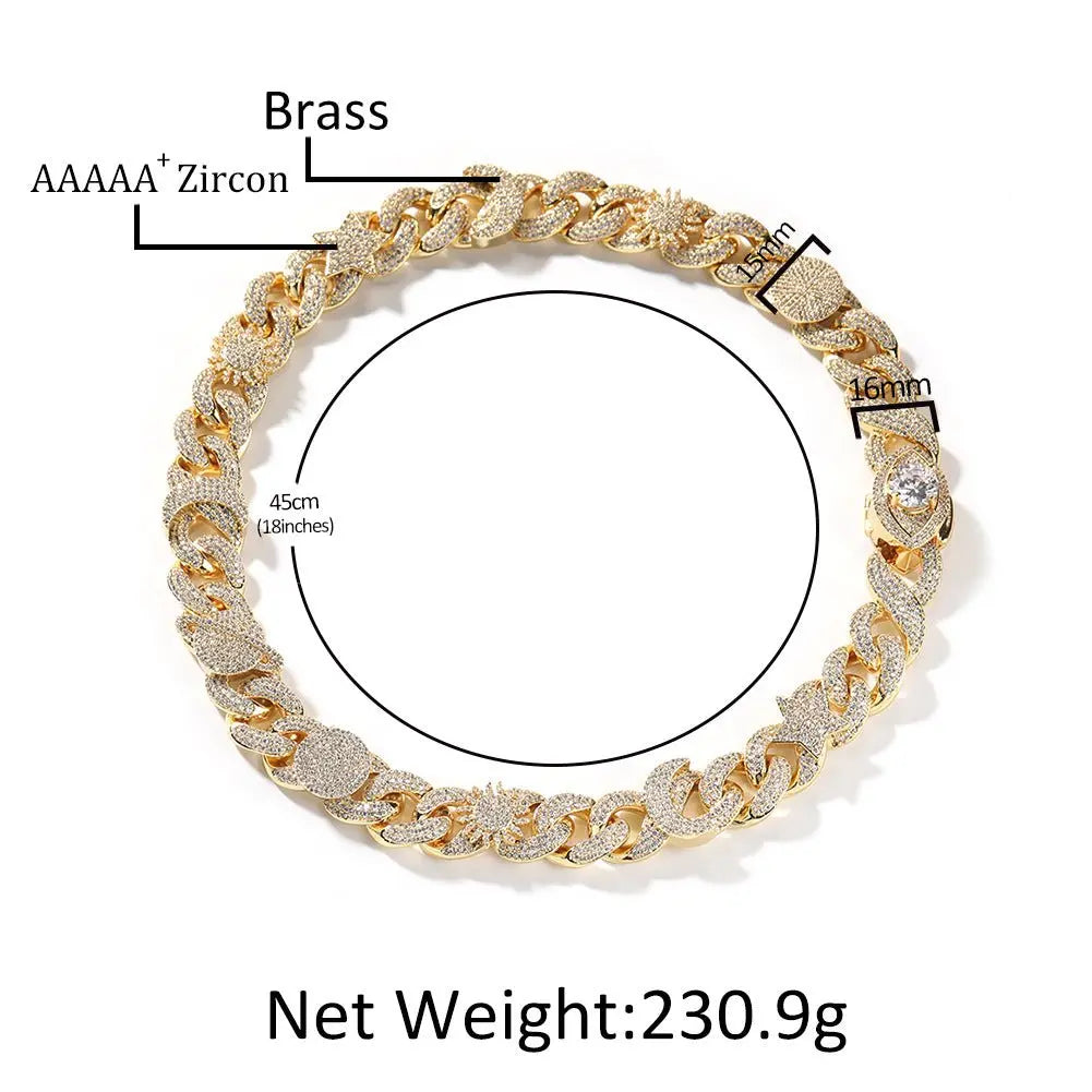 Hip-hop zircon-encrusted sun, star and eye necklace - Blade & Thread