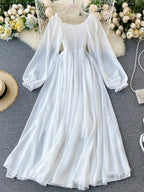 Holiday Puff Sleeve Slash Neck Off Shoulder Smocked White Chiffon Dresses nowadaysfashion