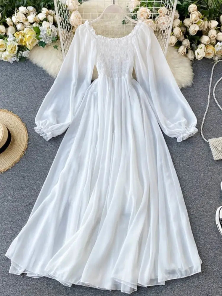 Holiday Puff Sleeve Slash Neck Off Shoulder Smocked White Chiffon Dresses nowadaysfashion