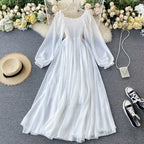 Holiday Puff Sleeve Slash Neck Off Shoulder Smocked White Chiffon Dresses nowadaysfashion