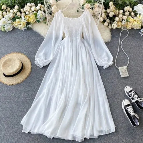 Holiday Puff Sleeve Slash Neck Off Shoulder Smocked White Chiffon Dresses nowadaysfashion