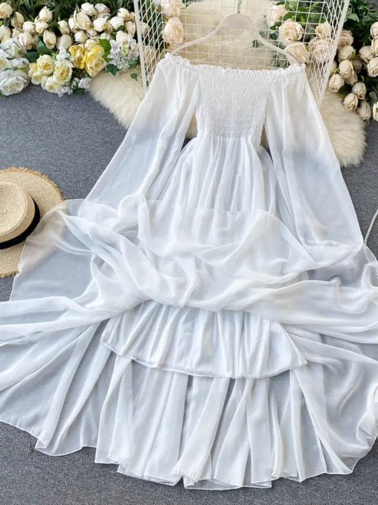 Holiday Puff Sleeve Slash Neck Off Shoulder Smocked White Chiffon Dresses nowadaysfashion