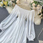 Holiday Puff Sleeve Slash Neck Off Shoulder Smocked White Chiffon Dresses nowadaysfashion