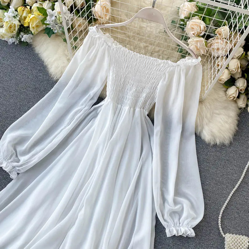 Holiday Puff Sleeve Slash Neck Off Shoulder Smocked White Chiffon Dresses - Blade & Thread