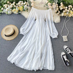 Holiday Puff Sleeve Slash Neck Off Shoulder Smocked White Chiffon Dresses nowadaysfashion