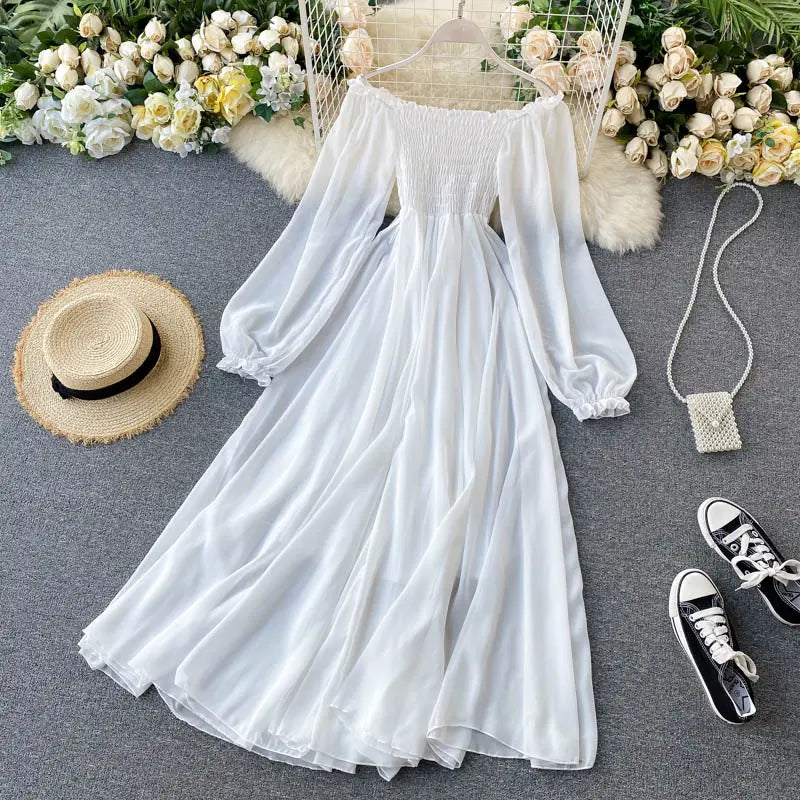 Holiday Puff Sleeve Slash Neck Off Shoulder Smocked White Chiffon Dresses - Blade & Thread