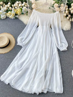Holiday Puff Sleeve Slash Neck Off Shoulder Smocked White Chiffon Dresses nowadaysfashion