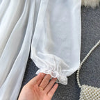 Holiday Puff Sleeve Slash Neck Off Shoulder Smocked White Chiffon Dresses nowadaysfashion