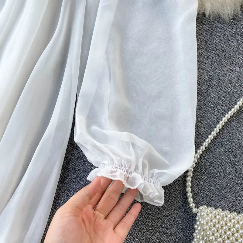 Holiday Puff Sleeve Slash Neck Off Shoulder Smocked White Chiffon Dresses nowadaysfashion