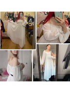 Holiday Puff Sleeve Slash Neck Off Shoulder Smocked White Chiffon Dresses nowadaysfashion