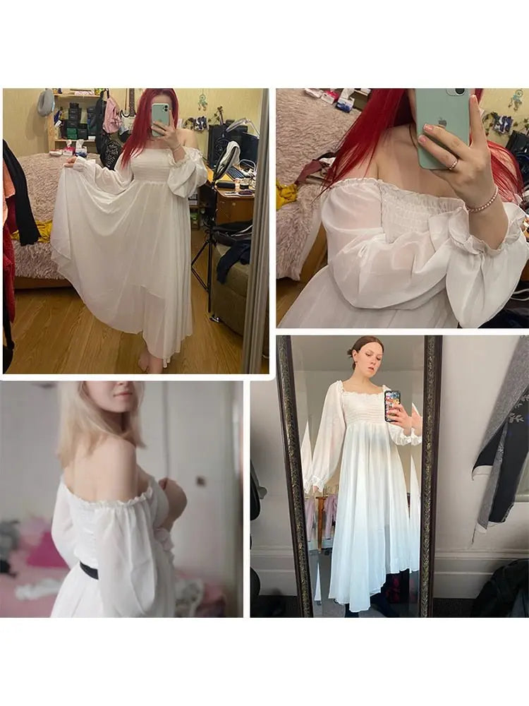 Holiday Puff Sleeve Slash Neck Off Shoulder Smocked White Chiffon Dresses - Blade & Thread