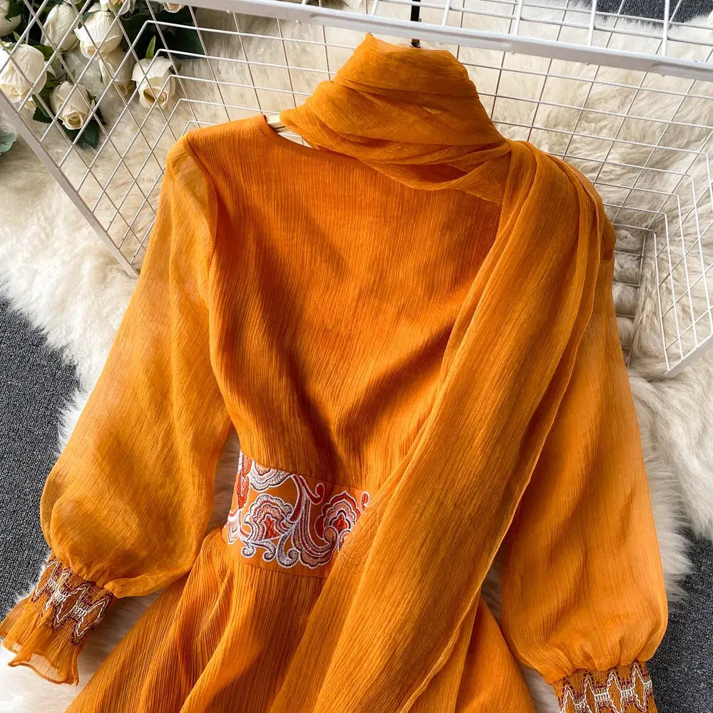 Holiday Style Dress Women Casual V-neck Embroidery Girdle Dress nowadaysfashion