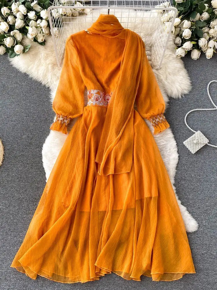 Holiday Style Dress Women Casual V-neck Embroidery Girdle Dress nowadaysfashion