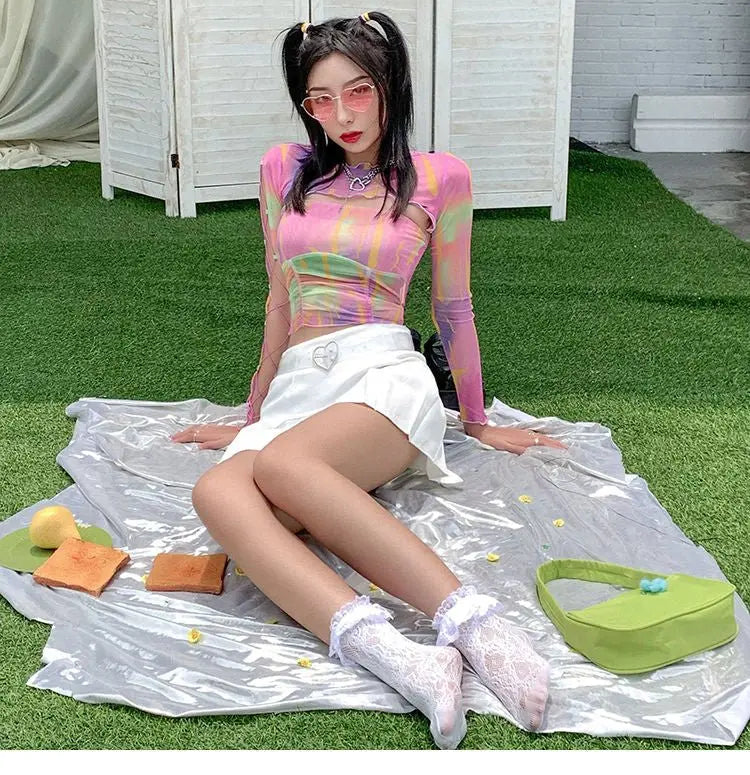 Hollow Bandage T-Shirt Women Sweet Suits Color Pattern Mesh Camisole + Long Sleeve Smock Female nowadaysfashion