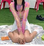 Hollow Bandage T-Shirt Women Sweet Suits Color Pattern Mesh Camisole + Long Sleeve Smock Female nowadaysfashion