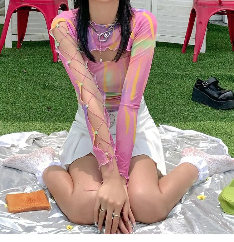 Hollow Bandage T-Shirt Women Sweet Suits Color Pattern Mesh Camisole + Long Sleeve Smock Female - Blade & Thread