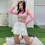 Hollow Bandage T-Shirt Women Sweet Suits Color Pattern Mesh Camisole + Long Sleeve Smock Female nowadaysfashion